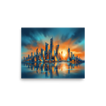 'Golden Hour Metropolis' — a Modernism print. A futuristic city skyline reflecting on water during sunset, adding a touch of modern elegance to an Office.