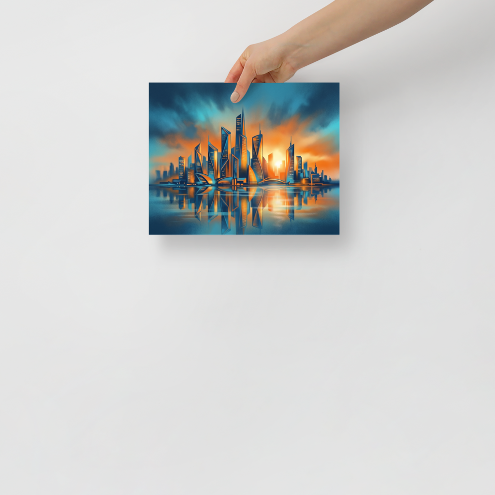 'Golden Hour Metropolis' — a Modernism print. A futuristic city skyline reflecting on water during sunset, adding a touch of modern elegance to an Office.