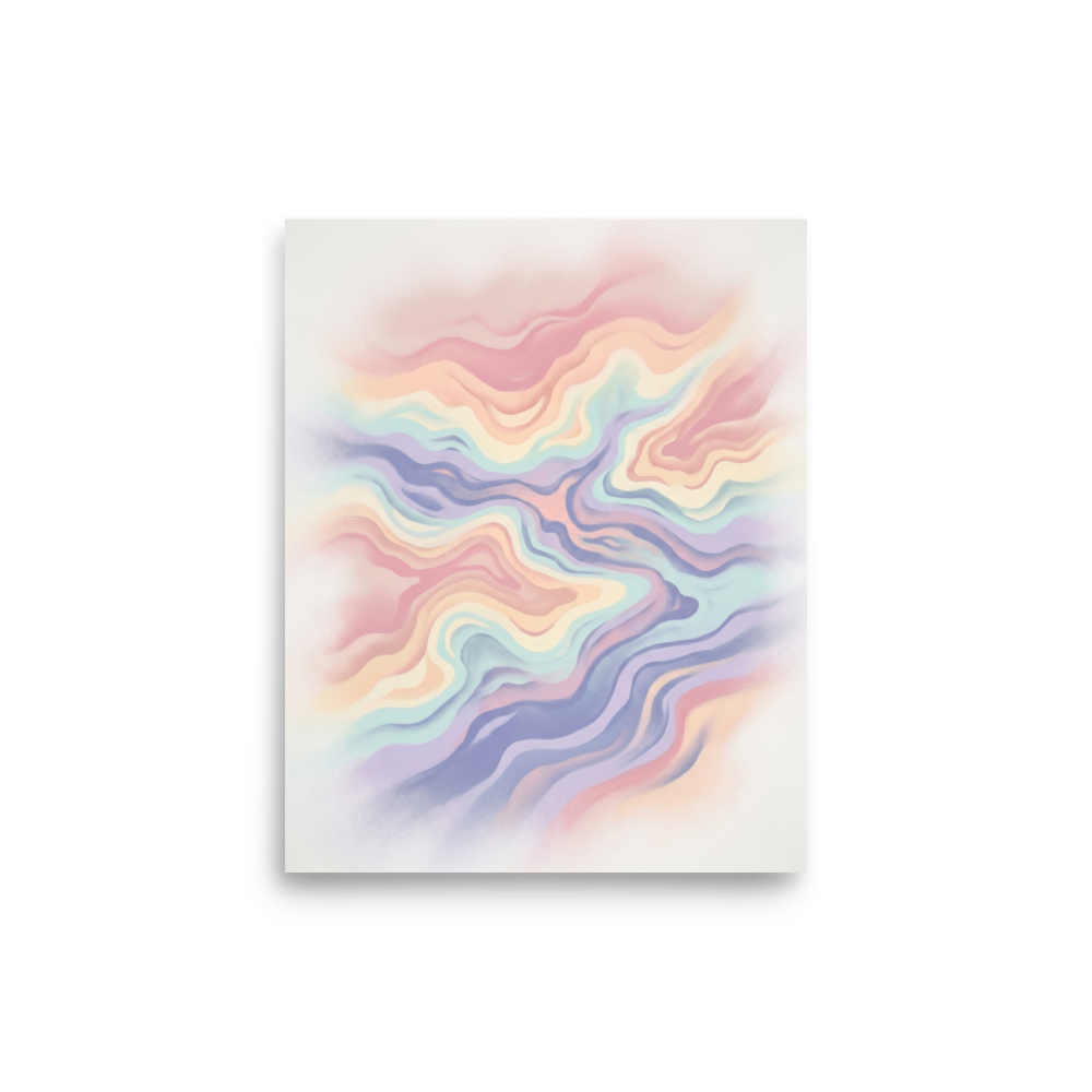 'Pastel Waves' — a Abstract art print. Soft, flowing waves of pastel pink, purple, and blue create a calming abstract pattern, perfect for a nursery or a relaxing bedroom.