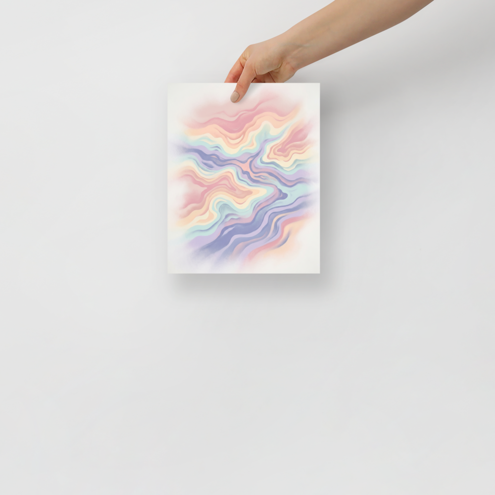 'Pastel Waves' — a Abstract art print. Soft, flowing waves of pastel pink, purple, and blue create a calming abstract pattern, perfect for a nursery or a relaxing bedroom.