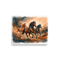 'Dust and Thunder' — a Realism print. Three horses galloping powerfully through a dusty, earth-toned landscape, creating a striking focal point for a Living Room.