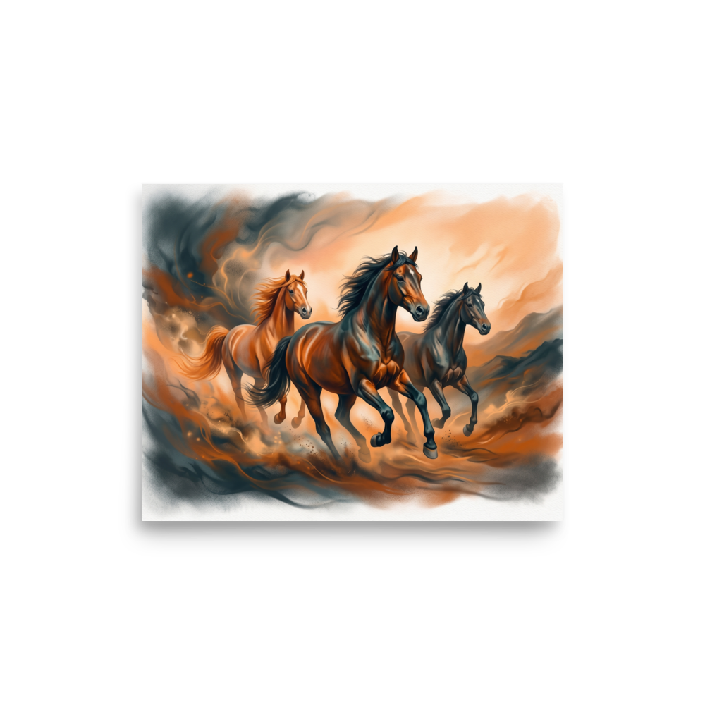 'Dust and Thunder' — a Realism print. Three horses galloping powerfully through a dusty, earth-toned landscape, creating a striking focal point for a Living Room.