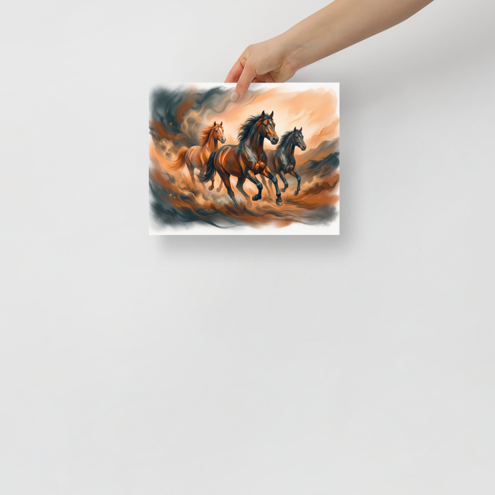 'Dust and Thunder' — a Realism print. Three horses galloping powerfully through a dusty, earth-toned landscape, creating a striking focal point for a Living Room.