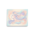 'Zephyr's Embrace' — a Arabesque,Figurative art print. A delicate profile of a woman with flowing, pastel hair intertwined with leaves and vines, adding a peaceful, dreamy vibe to a bedroom or living room.
