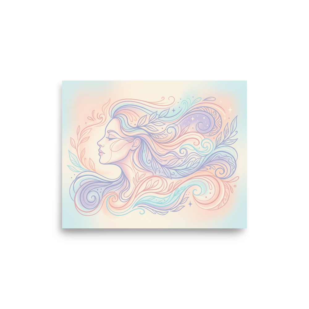 'Zephyr's Embrace' — a Arabesque,Figurative art print. A delicate profile of a woman with flowing, pastel hair intertwined with leaves and vines, adding a peaceful, dreamy vibe to a bedroom or living room.