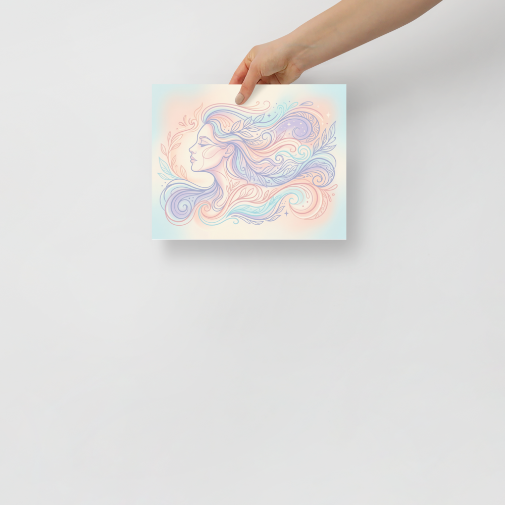 'Zephyr's Embrace' — a Arabesque,Figurative art print. A delicate profile of a woman with flowing, pastel hair intertwined with leaves and vines, adding a peaceful, dreamy vibe to a bedroom or living room.