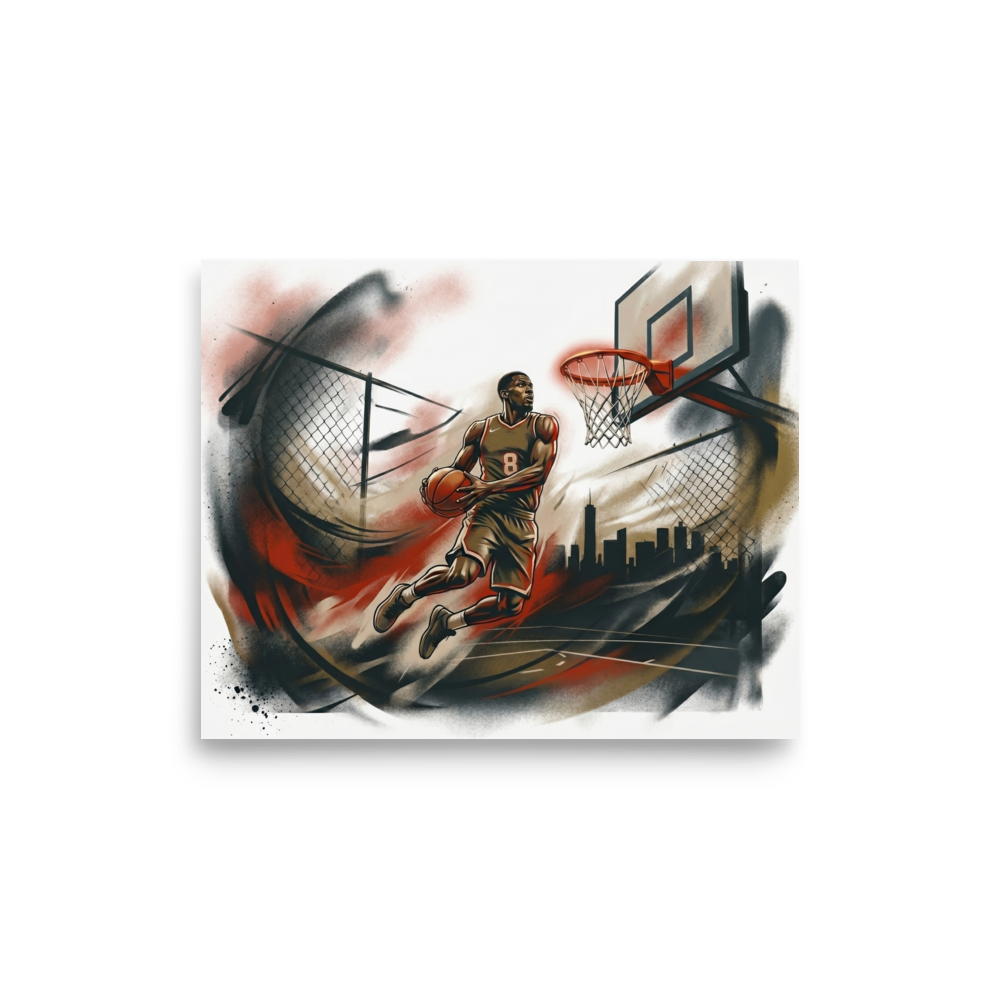 'The Final Dunk' — a Figurative art print. An athletic basketball player performing a slam dunk with energetic splashes of color, bringing excitement to a Game Room.
