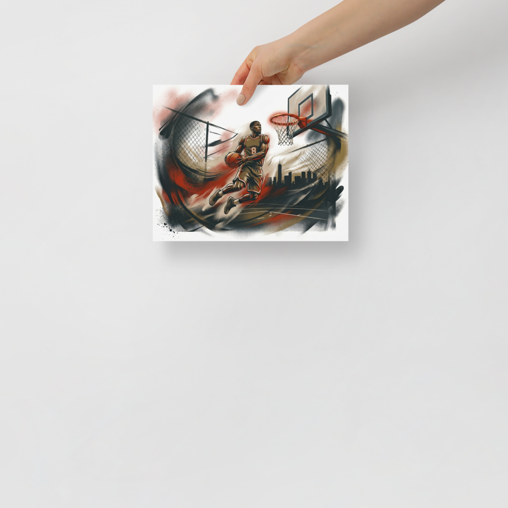 'The Final Dunk' — a Figurative art print. An athletic basketball player performing a slam dunk with energetic splashes of color, bringing excitement to a Game Room.