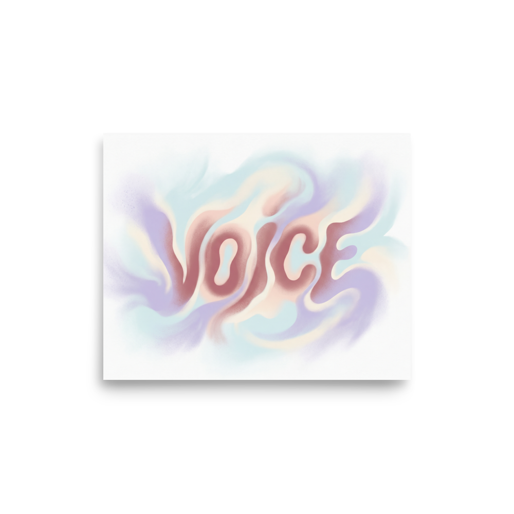'Echoes of Voice' — a Pop art,Abstract art print. The word "VOICE" written in soft, wavy pastel lettering surrounded by dreamy smoke-like swirls, perfect for an inspiring home office or studio.