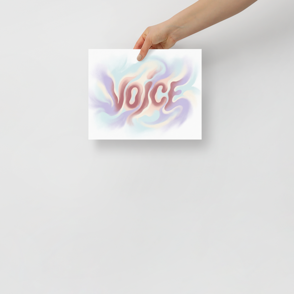 'Echoes of Voice' — a Pop art,Abstract art print. The word "VOICE" written in soft, wavy pastel lettering surrounded by dreamy smoke-like swirls, perfect for an inspiring home office or studio.