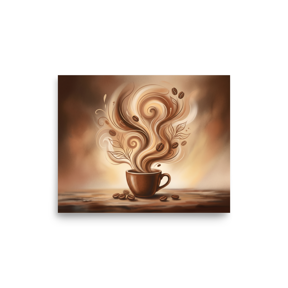 'Morning Swirl' — a Modernism print. A warm, stylized illustration of a coffee cup with swirling steam and beans, adding a cozy vibe to a Kitchen.