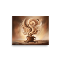 'Morning Swirl' — a Modernism print. A warm, stylized illustration of a coffee cup with swirling steam and beans, adding a cozy vibe to a Kitchen.
