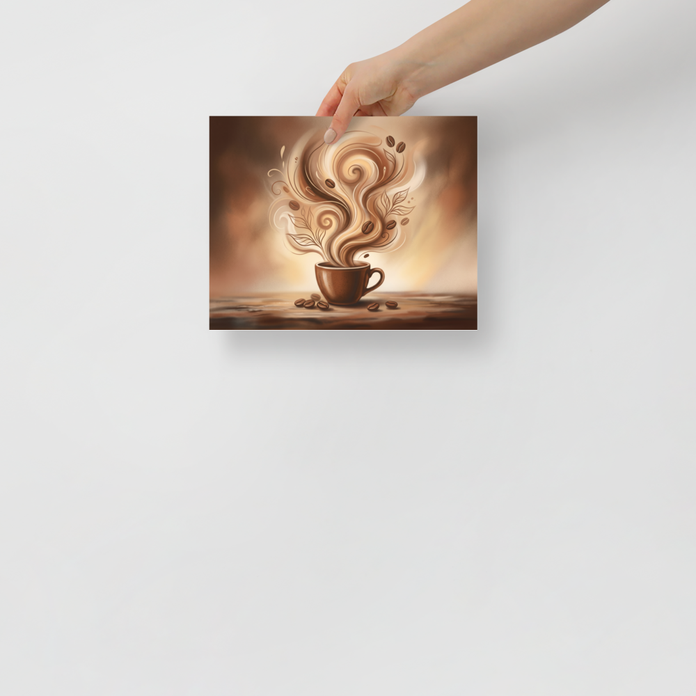 'Morning Swirl' — a Modernism print. A warm, stylized illustration of a coffee cup with swirling steam and beans, adding a cozy vibe to a Kitchen.