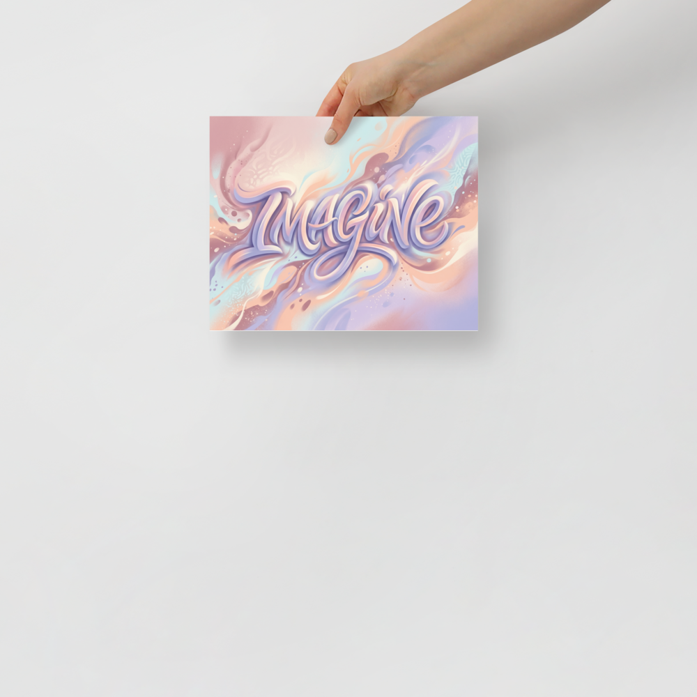 'Dreamer's Imagine' — a Pop art,Abstract art print. The word "IMAGINE" written in flowing, 3D cursive lettering against a swirling pastel background, adding a creative and inspiring touch to a playroom or office.