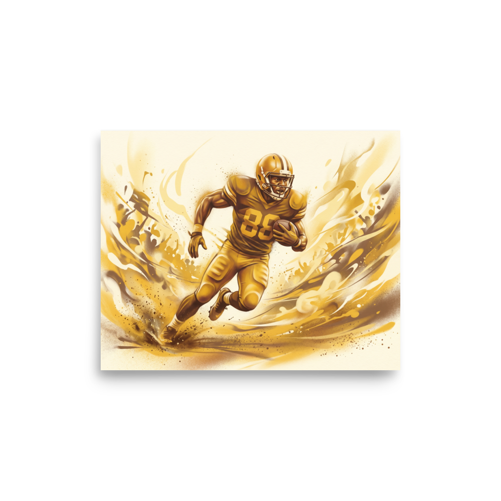 'Golden Gridiron' — a Figurative art print. An intense portrait of a football player running through golden dust, adding competitive energy to a Man Cave.