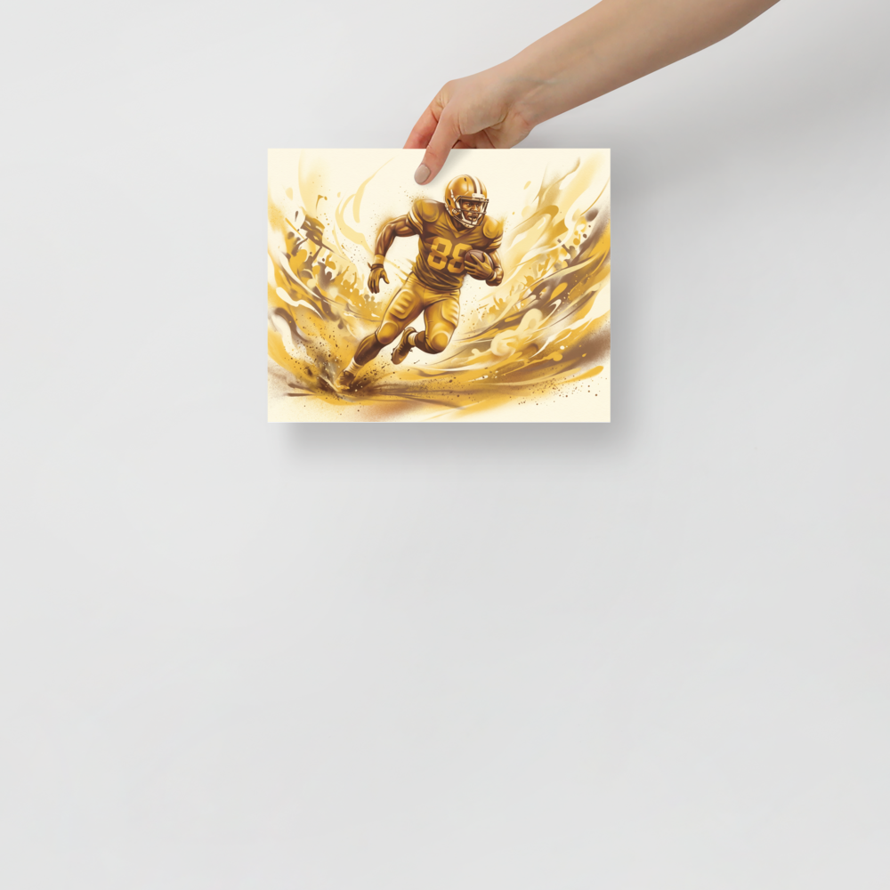 'Golden Gridiron' — a Figurative art print. An intense portrait of a football player running through golden dust, adding competitive energy to a Man Cave.