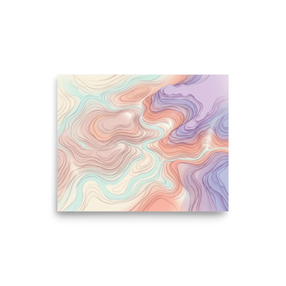 'Pastel Topography' — a Abstract art,Geometric abstract art print. An abstract design featuring layered topographic lines in soft pastel shades of pink, purple, and blue, perfect for adding depth to a modern living room or office.