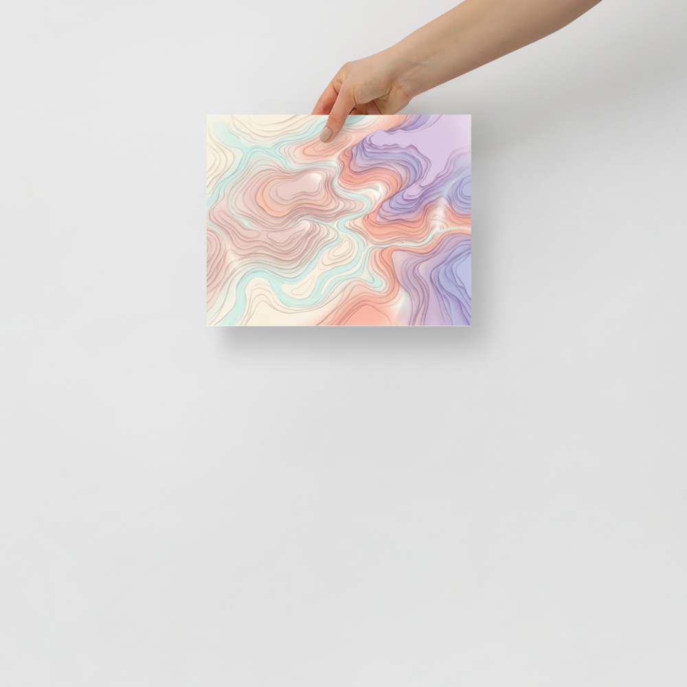 'Pastel Topography' — a Abstract art,Geometric abstract art print. An abstract design featuring layered topographic lines in soft pastel shades of pink, purple, and blue, perfect for adding depth to a modern living room or office.