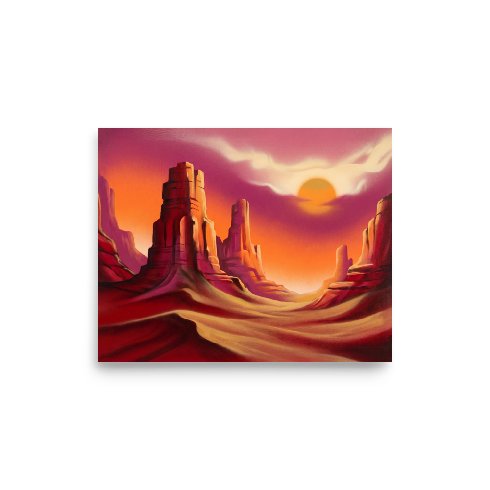 'Crimson Canyons' — a Realism print. A vibrant, smooth depiction of desert mesas at sunset, bringing a warm glow to a Living Room.