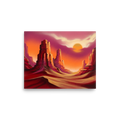 'Crimson Canyons' — a Realism print. A vibrant, smooth depiction of desert mesas at sunset, bringing a warm glow to a Living Room.
