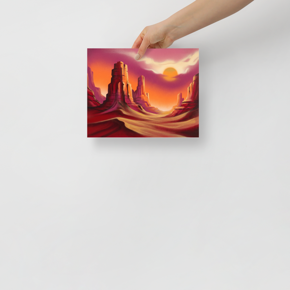 'Crimson Canyons' — a Realism print. A vibrant, smooth depiction of desert mesas at sunset, bringing a warm glow to a Living Room.