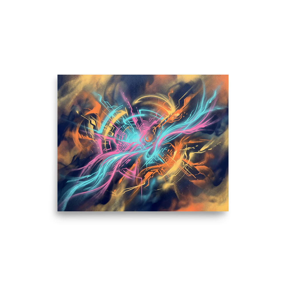 'Neon Core' — a Abstract art,Pop art print. An energetic abstract piece with glowing neon cyan and pink lines against a dark, smoky orange and blue background, perfect for a modern game room.