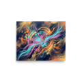 'Neon Core' — a Abstract art,Pop art print. An energetic abstract piece with glowing neon cyan and pink lines against a dark, smoky orange and blue background, perfect for a modern game room.