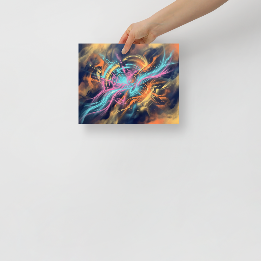 'Neon Core' — a Abstract art,Pop art print. An energetic abstract piece with glowing neon cyan and pink lines against a dark, smoky orange and blue background, perfect for a modern game room.