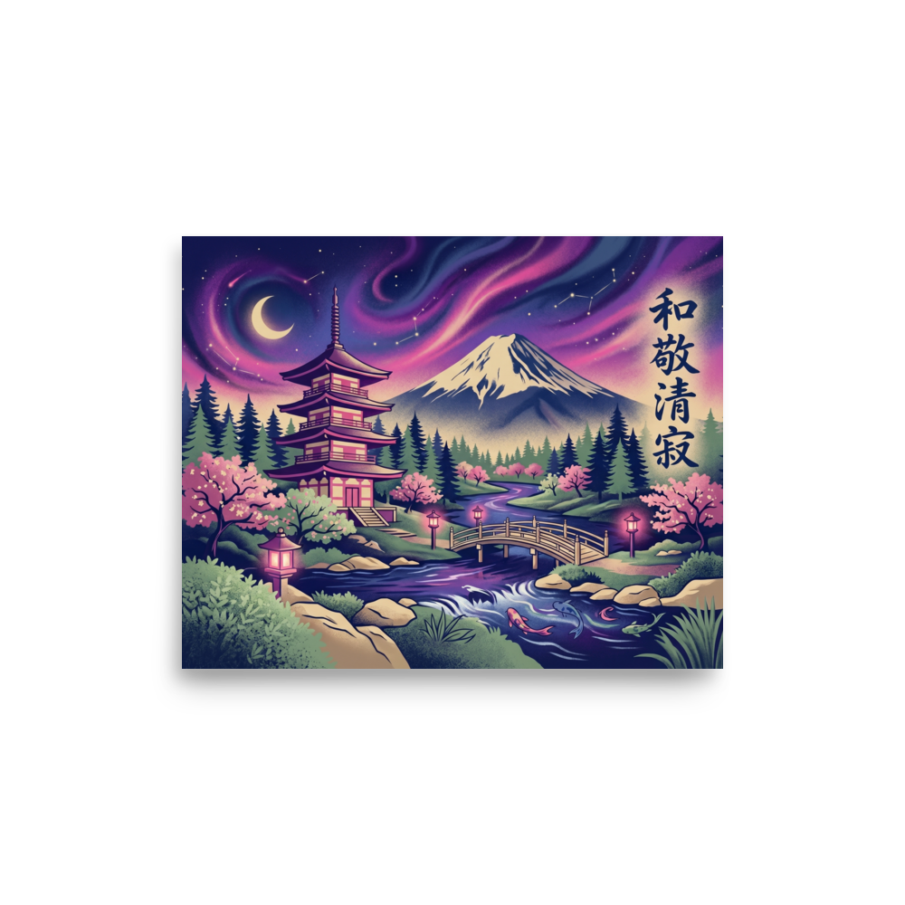 'Aurora Over Fuji' — a Japanese art print. A vibrant Japanese landscape featuring Mount Fuji, a pagoda, and cherry blossoms under a starry sky, bringing calm to a Bedroom.