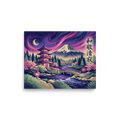 'Aurora Over Fuji' — a Japanese art print. A vibrant Japanese landscape featuring Mount Fuji, a pagoda, and cherry blossoms under a starry sky, bringing calm to a Bedroom.