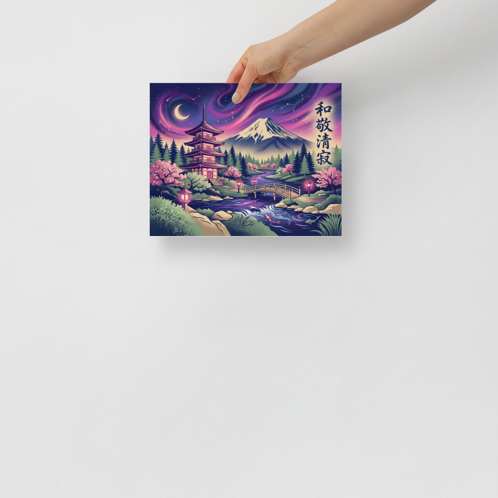 'Aurora Over Fuji' — a Japanese art print. A vibrant Japanese landscape featuring Mount Fuji, a pagoda, and cherry blossoms under a starry sky, bringing calm to a Bedroom.
