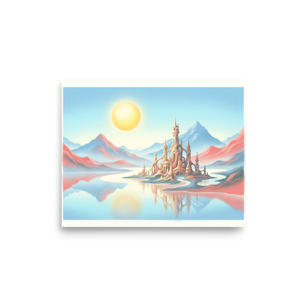 'The Pastel Palace' — a Fantastic realism print. A magical pastel palace reflecting on water under a large sun, perfect for adding wonder to a Playroom.