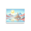 'The Pastel Palace' — a Fantastic realism print. A magical pastel palace reflecting on water under a large sun, perfect for adding wonder to a Playroom.