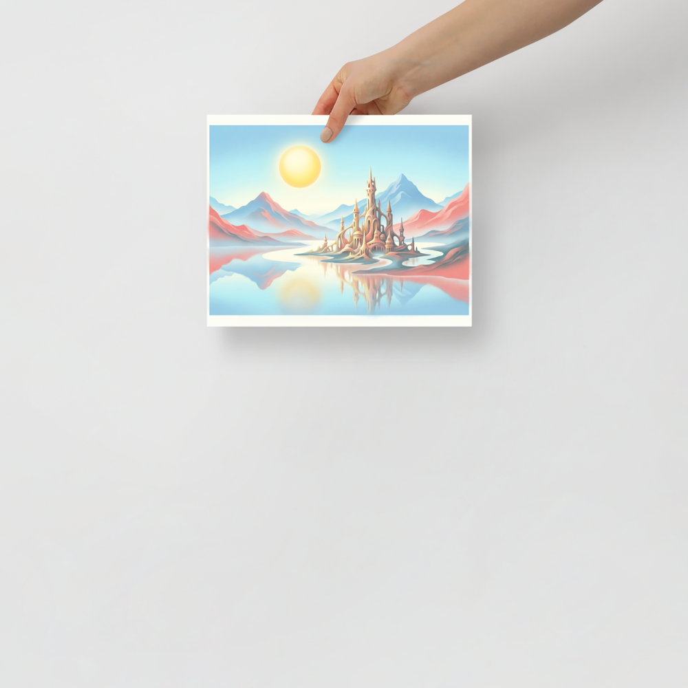 'The Pastel Palace' — a Fantastic realism print. A magical pastel palace reflecting on water under a large sun, perfect for adding wonder to a Playroom.