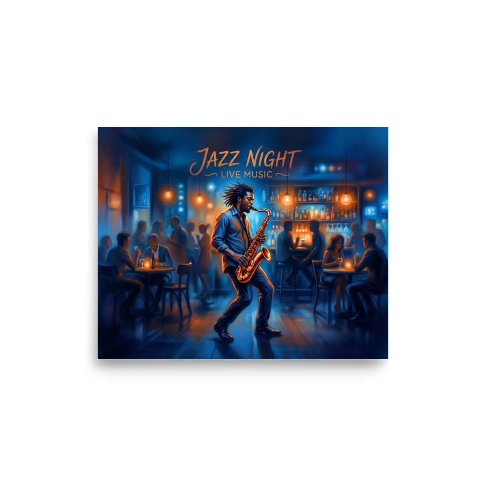 'Midnight Jazz Session' — a Modernism print. A lively jazz club scene with a saxophonist playing under warm orange lights, perfect for setting the mood in a Home Bar / Cellar.
