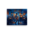 'Midnight Jazz Session' — a Modernism print. A lively jazz club scene with a saxophonist playing under warm orange lights, perfect for setting the mood in a Home Bar / Cellar.