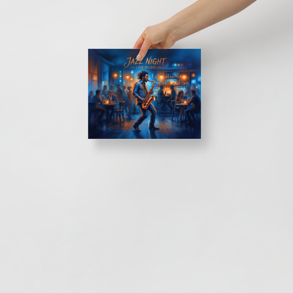 'Midnight Jazz Session' — a Modernism print. A lively jazz club scene with a saxophonist playing under warm orange lights, perfect for setting the mood in a Home Bar / Cellar.