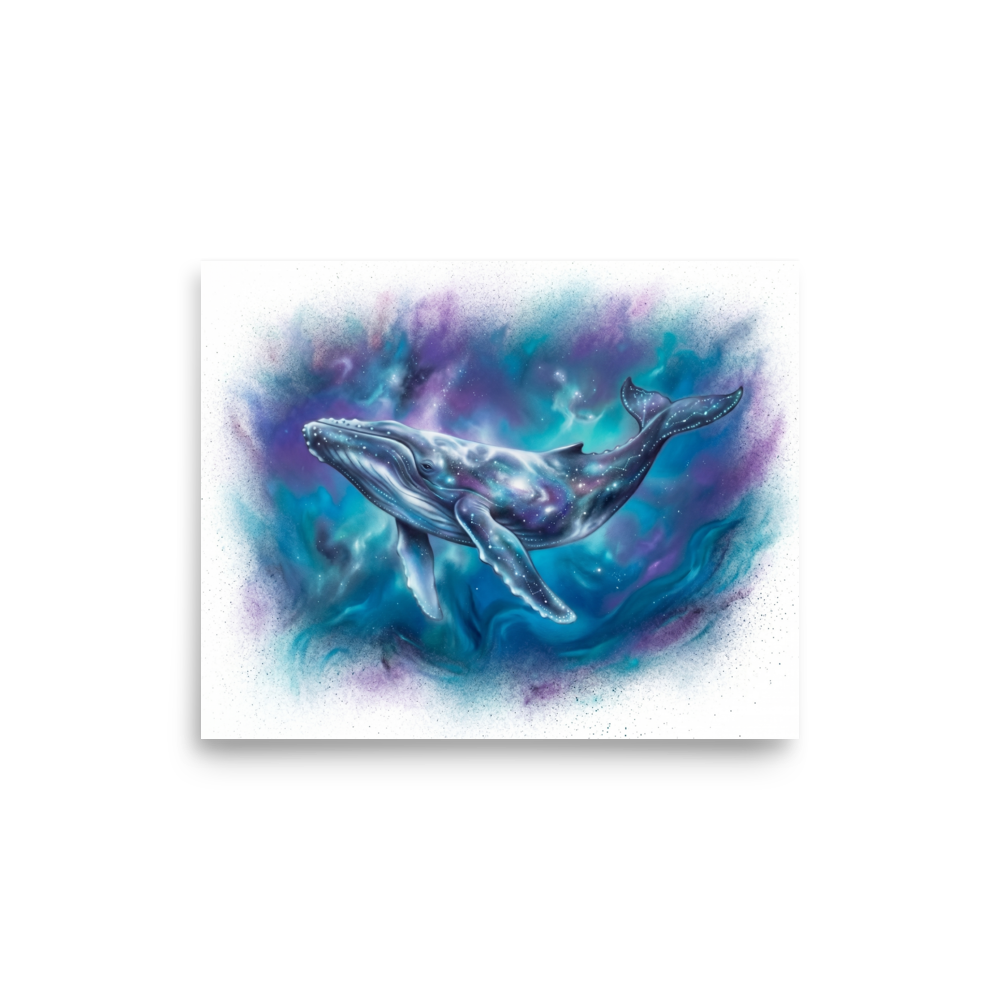 'Cosmic Voyager' — a Fantastic realism print. A magnificent whale swimming through a colorful, starry nebula, bringing deep space mystery to a Bedroom.