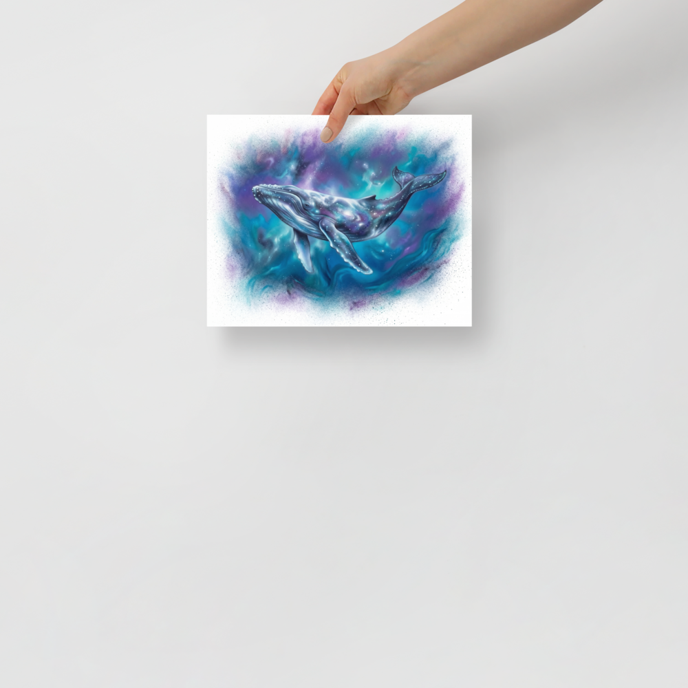 'Cosmic Voyager' — a Fantastic realism print. A magnificent whale swimming through a colorful, starry nebula, bringing deep space mystery to a Bedroom.