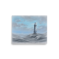 'The Silent Beacon' — a Realism print. A lonely lighthouse standing on soft, flowing dunes under an overcast sky, adding serenity to a Bathroom.