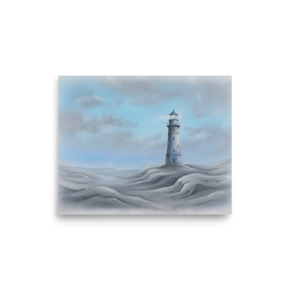 'The Silent Beacon' — a Realism print. A lonely lighthouse standing on soft, flowing dunes under an overcast sky, adding serenity to a Bathroom.