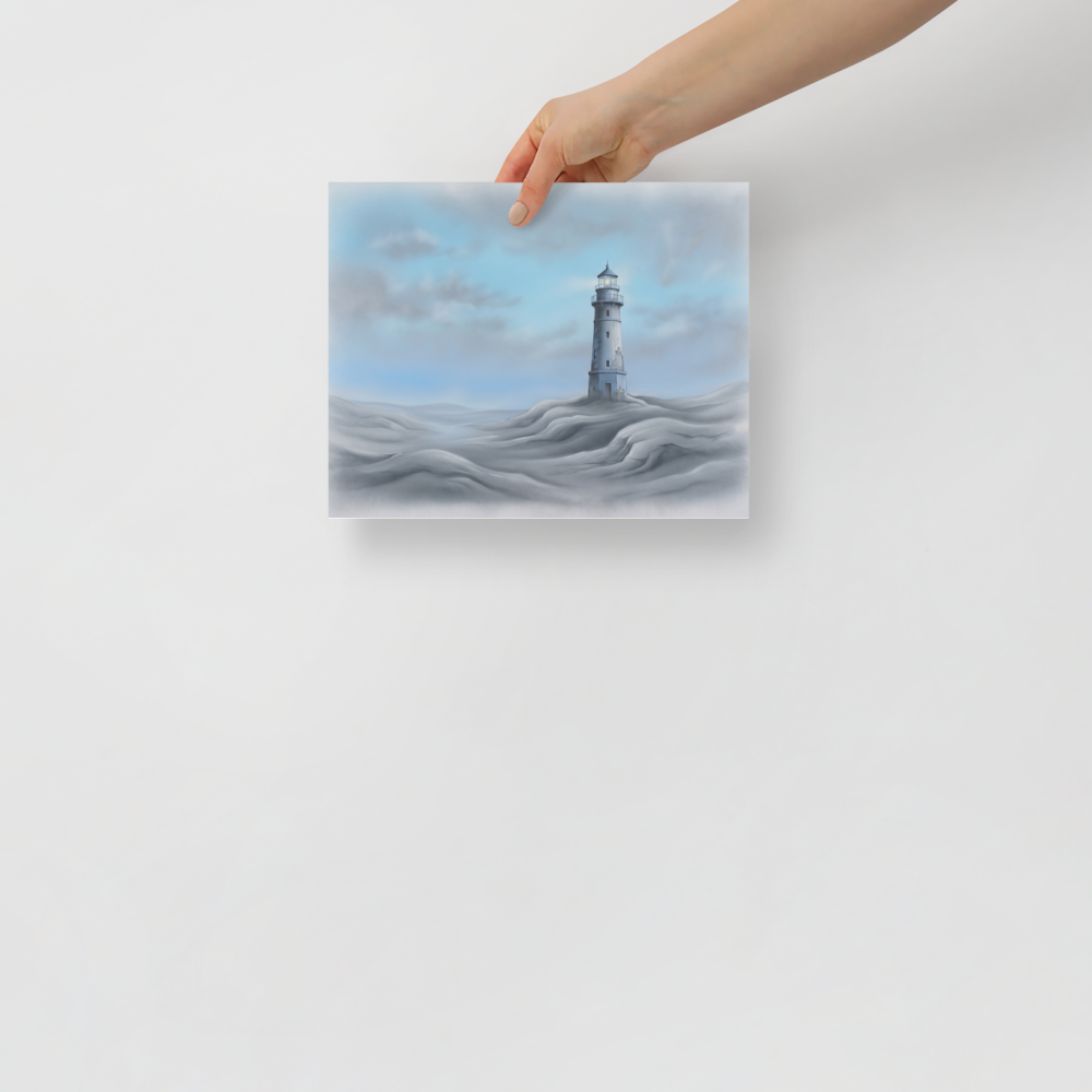 'The Silent Beacon' — a Realism print. A lonely lighthouse standing on soft, flowing dunes under an overcast sky, adding serenity to a Bathroom.