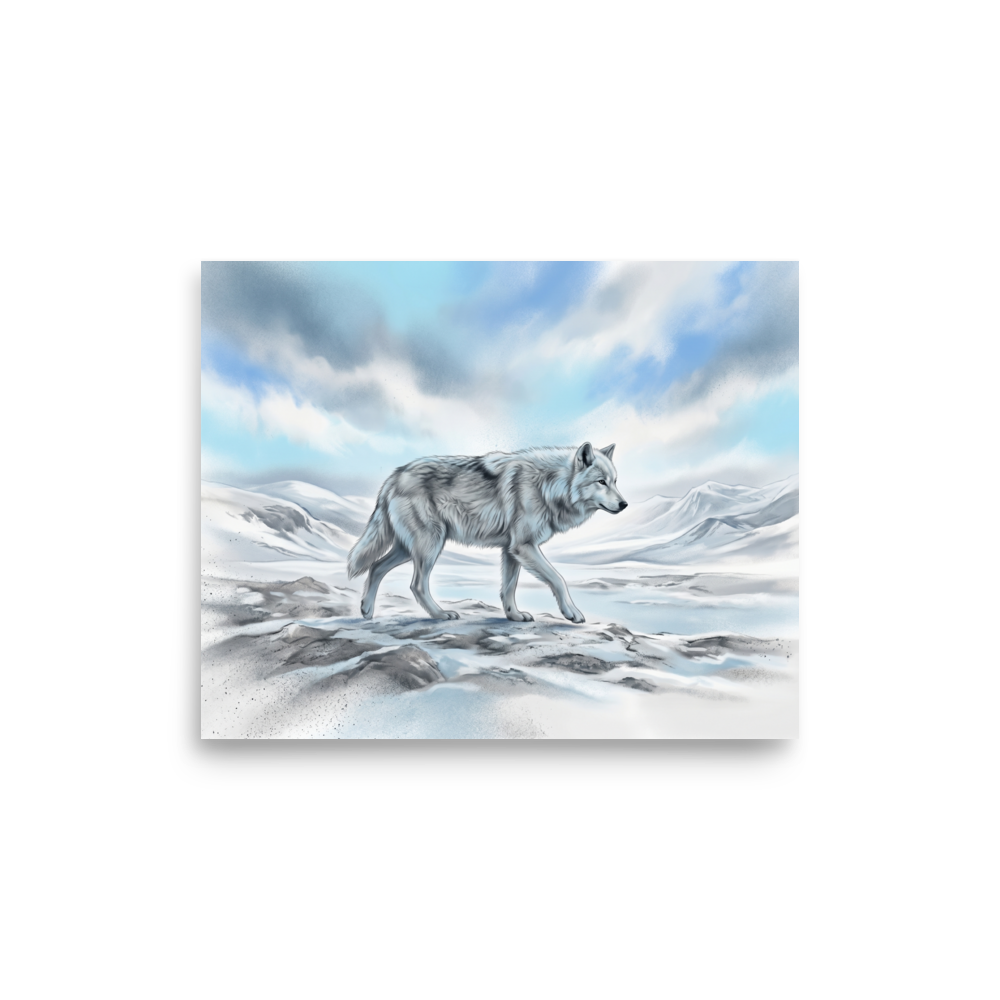 'Solitary Frost' — a Realism print. A majestic white wolf walking across a snowy landscape, perfect for a rustic cabin wall.