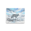 'Solitary Frost' — a Realism print. A majestic white wolf walking across a snowy landscape, perfect for a rustic cabin wall.