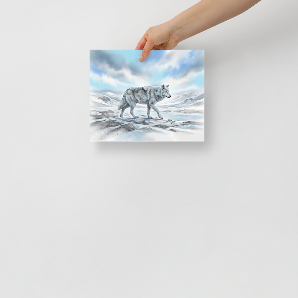 'Solitary Frost' — a Realism print. A majestic white wolf walking across a snowy landscape, perfect for a rustic cabin wall.