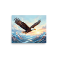'Valley Flight' — a Realism print. A majestic bald eagle flying over a dramatic mountain valley and river, making a proud statement in an Office.