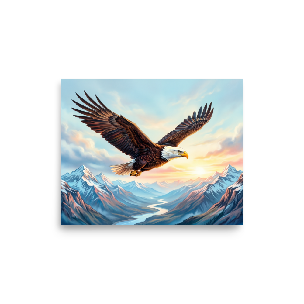 'Valley Flight' — a Realism print. A majestic bald eagle flying over a dramatic mountain valley and river, making a proud statement in an Office.