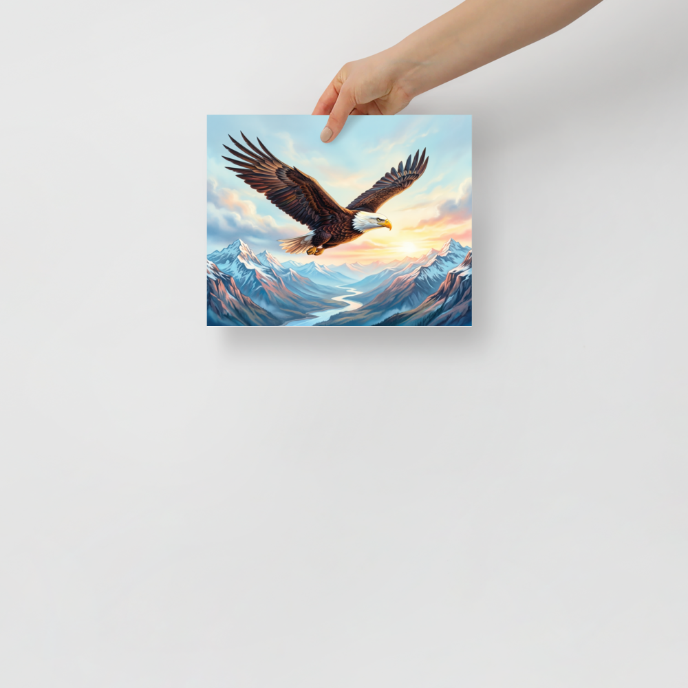 'Valley Flight' — a Realism print. A majestic bald eagle flying over a dramatic mountain valley and river, making a proud statement in an Office.