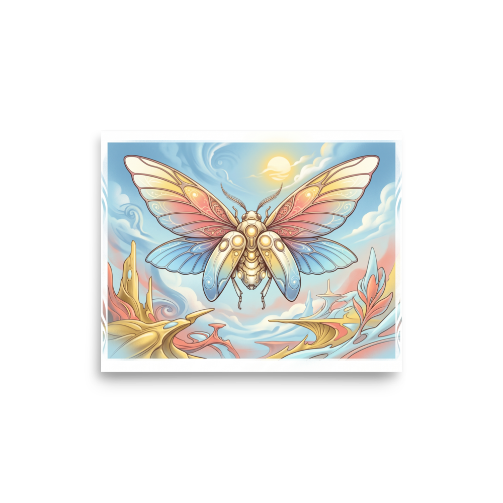 'Celestial Metamorphosis' — a Surrealism print. A stylized, glowing butterfly floating over a surreal pastel landscape, adding a dreamy touch to a bedroom.