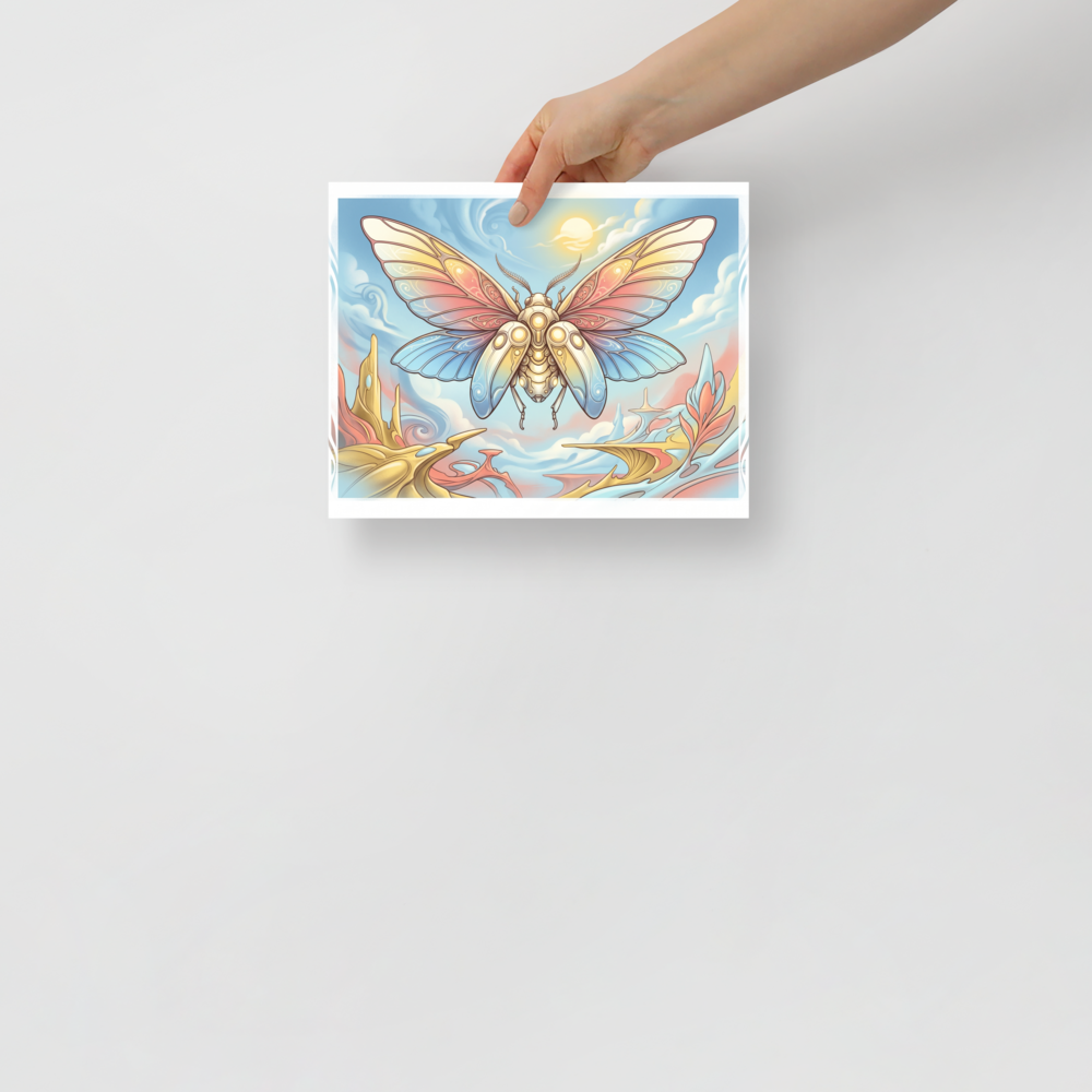 'Celestial Metamorphosis' — a Surrealism print. A stylized, glowing butterfly floating over a surreal pastel landscape, adding a dreamy touch to a bedroom.